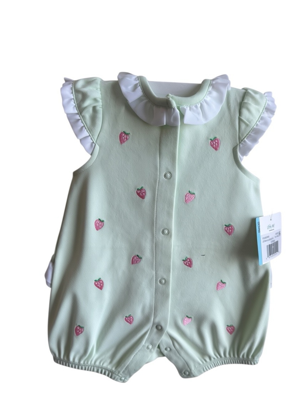 Little Me Mint Green Strawberry Romper with White Ruffle Collar